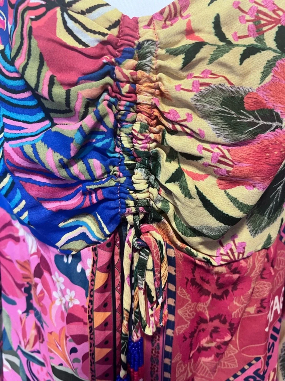 Farm Rio Printed Puff-Sleeved Blouse Beaded Tassels Back Zipper Sz Medium